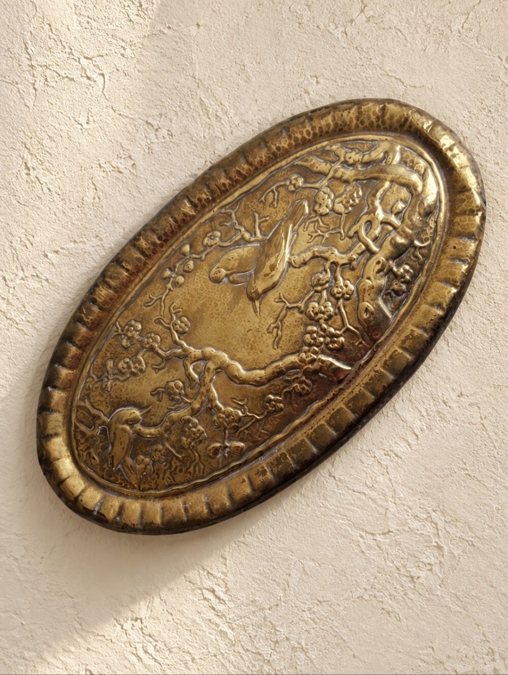 Brass Relief Bird Wall Hanging Plaque 3D Japanese-Style Cherry Blossoms Vtg 19"